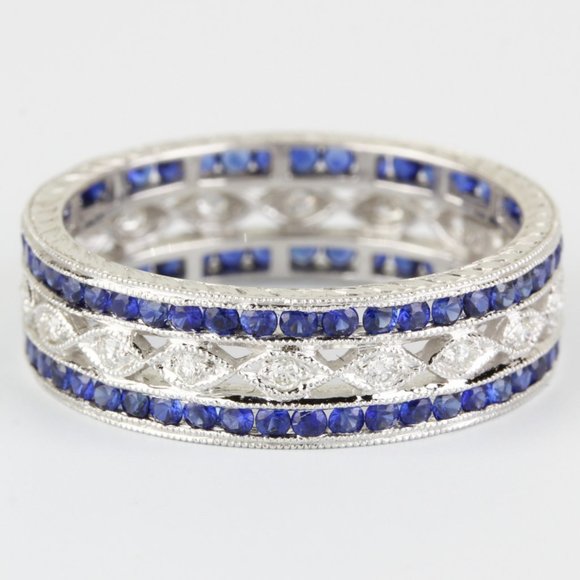 Jolie 18K White Gold Diamond & Sapphire Wedding Anniversary Eternity Band Ring - Picture 3 of 6